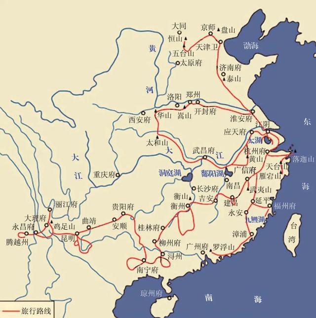 徐霞客旅游路线图Xu Xiake's tourist route map